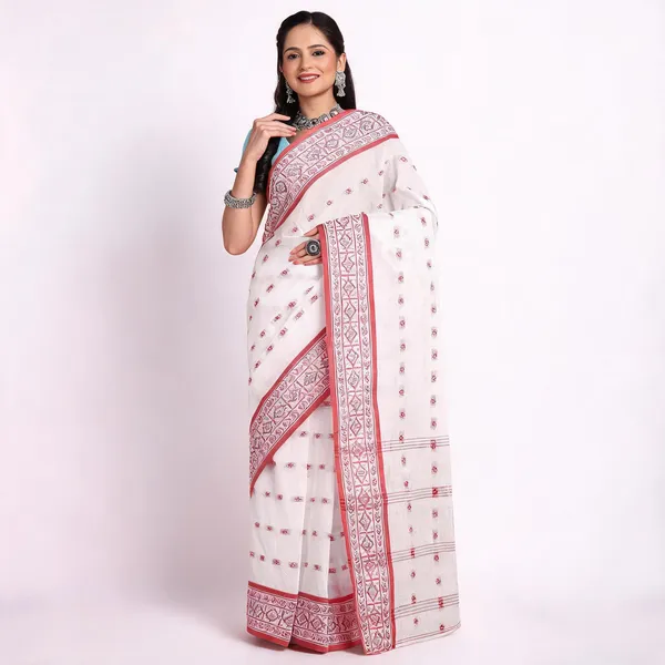 Red_White_Cotton_Bengal_Handloom_Paisley_Woven_Saree_For_Women