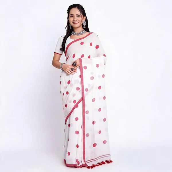 Red_White_Cotton_Handloom_Polka_Print_Saree_For_Women
