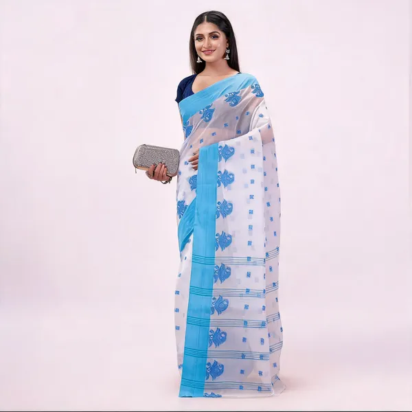 Blue_Cotton_Floral_Woven_Bengal_Handloom_Saree_With_Blouse_For_Women