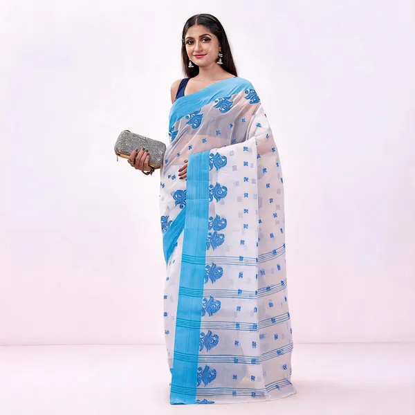 Blue_Cotton_Floral_Woven_Bengal_Handloom_Saree_With_Blouse_For_Women