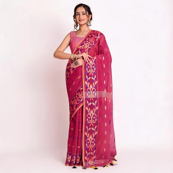 Pink_Cotton_Silk_Blend_Woven_Handloom_Saree_With_Blouse_For_Women