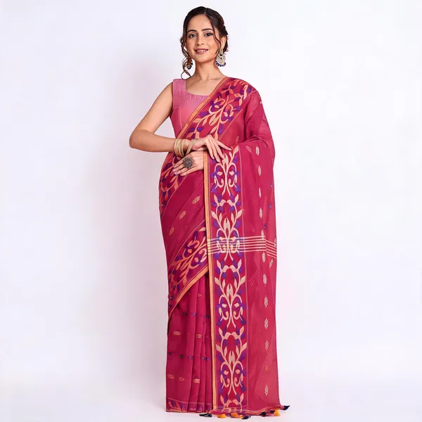 Pink_Cotton_Silk_Blend_Woven_Handloom_Saree_With_Blouse_For_Women