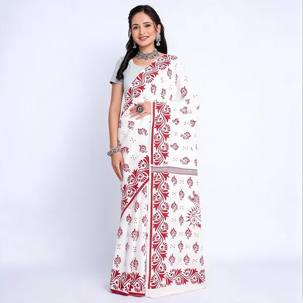 White_Red_Cotton_Paisley_Handloom_Saree_With_Blouse_For_Women