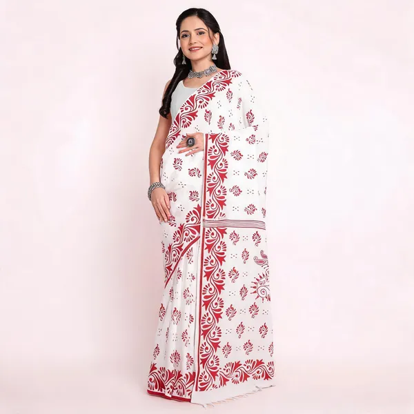 White_Red_Cotton_Paisley_Handloom_Saree_With_Blouse_For_Women