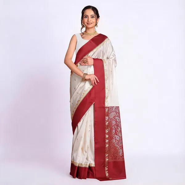 Red_White_Art_Silk_Bengal_Handloom_Paisley_Saree_With_Blouse_For_Women