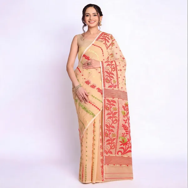 Cream_Red_Cotton_Blend_Floral_Jamdani_Saree_For_Women