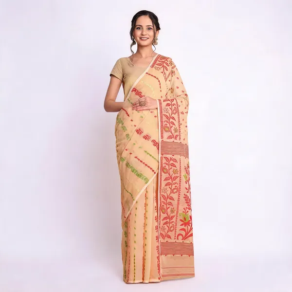 Cream_Red_Cotton_Blend_Floral_Jamdani_Saree_For_Women