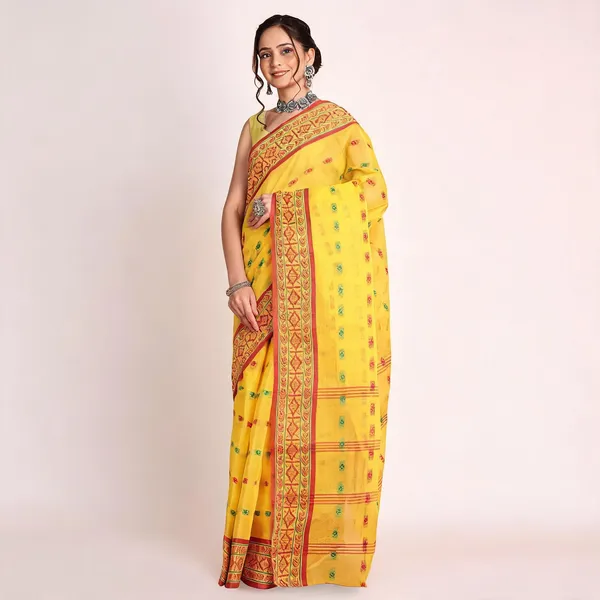 Yellow_Red_Cotton_Handloom_Paisley_Woven_Saree_For_Women