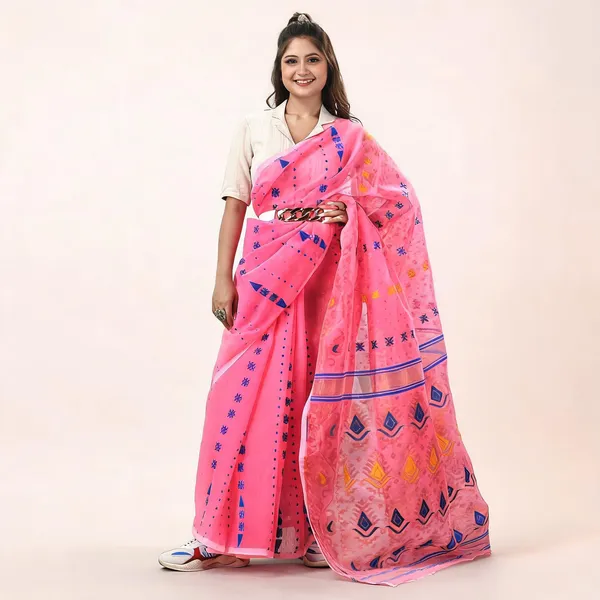 Pink_Cotton_Silk_Floral_Jamdani_Saree_For_Women