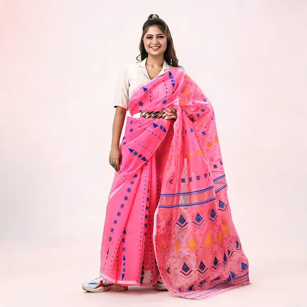 Pink_Cotton_Silk_Floral_Jamdani_Saree_For_Women