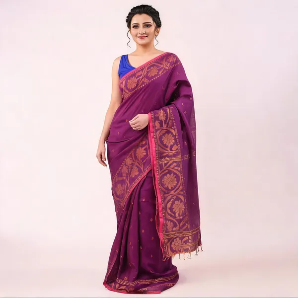 Pink_Cotton_Floral_Jamdani_Saree_For_Women