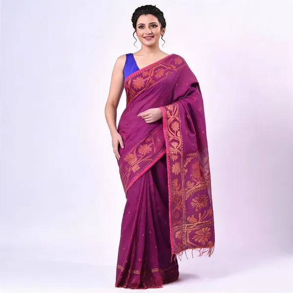 Pink_Cotton_Floral_Jamdani_Saree_For_Women