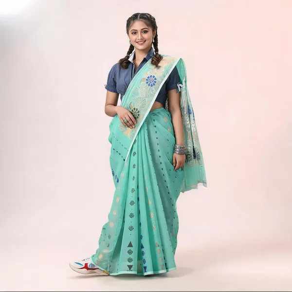 Sea_Green_Cotton_Woven_Floral_Jamdani_Saree_For_Women