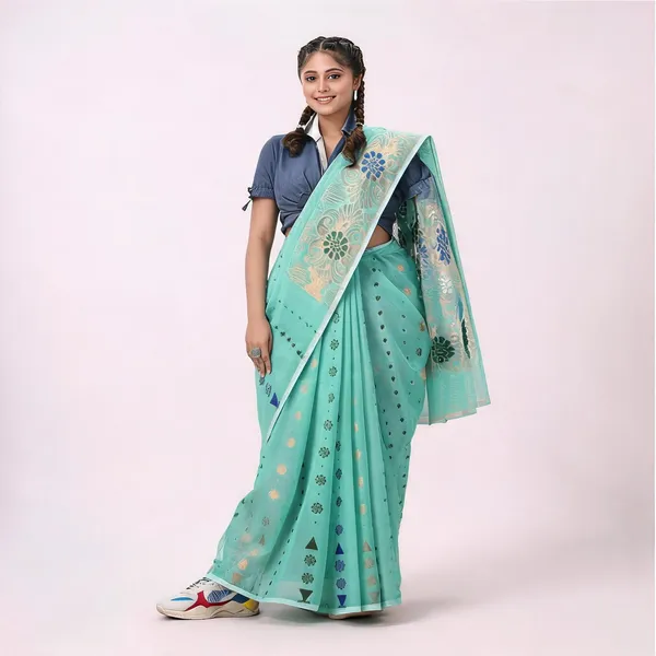 Sea_Green_Cotton_Woven_Floral_Jamdani_Saree_For_Women