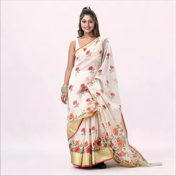 White_Cotton_Silk_Traditional_Tant_Saree_With_Blouse_Piece_For_Women