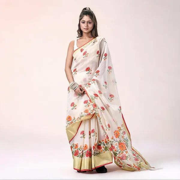 White_Cotton_Silk_Traditional_Tant_Saree_With_Blouse_Piece_For_Women