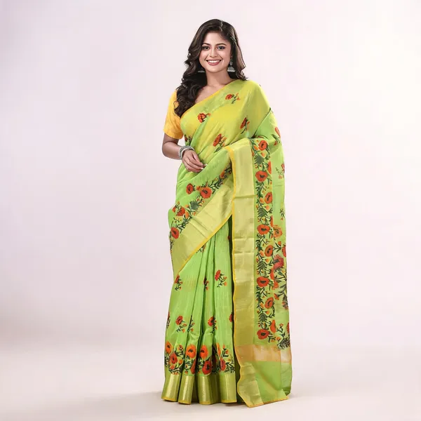 Green_Cotton_Silk_Traditional_Saree_With_Blouse_Piece_For_Women