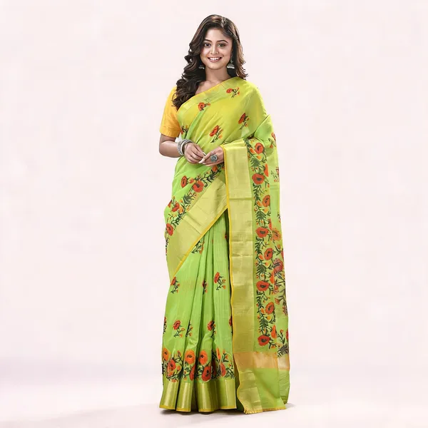 Green_Cotton_Silk_Traditional_Saree_With_Blouse_Piece_For_Women