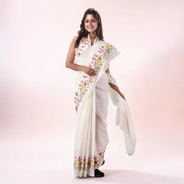 White_Cotton_Silk_Handloom_Traditional_Floral_Saree_With_Blouse_For_Women