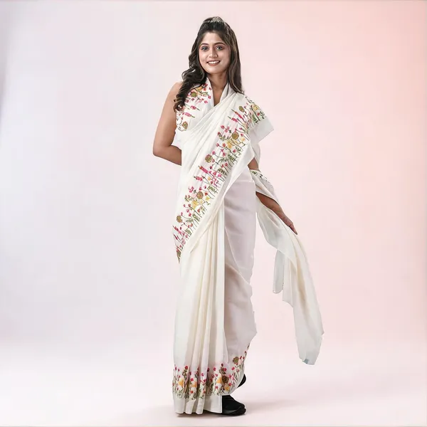 White_Cotton_Silk_Handloom_Traditional_Floral_Saree_With_Blouse_For_Women