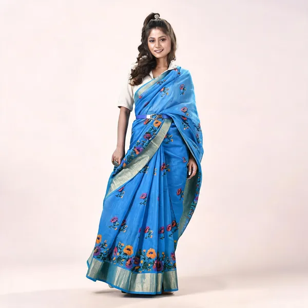 Sky_Blue_Cotton_Silk_Traditional_Tant_Saree_With_Blouse_Piece_For_Women
