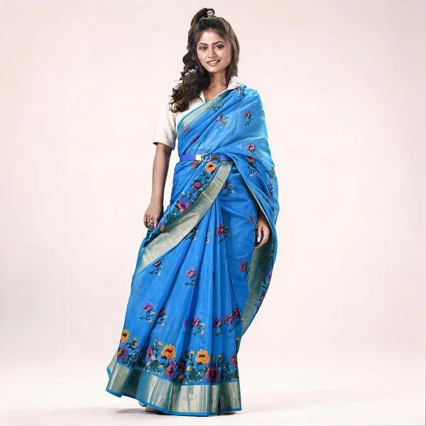 Sky_Blue_Cotton_Silk_Traditional_Tant_Saree_With_Blouse_Piece_For_Women