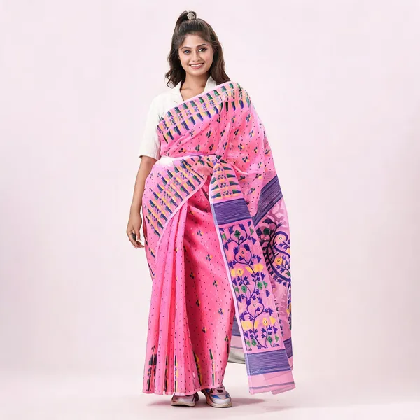 Pink_Cotton_Traditional_Jamdani_Ethnic_Motifs_Saree_For_Women