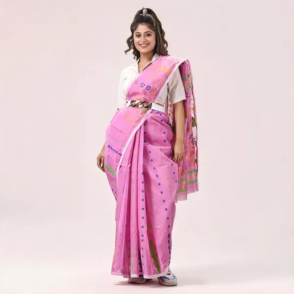 Pink_Cotton_Silk_Jamdani_Floral_Saree_For_Women
