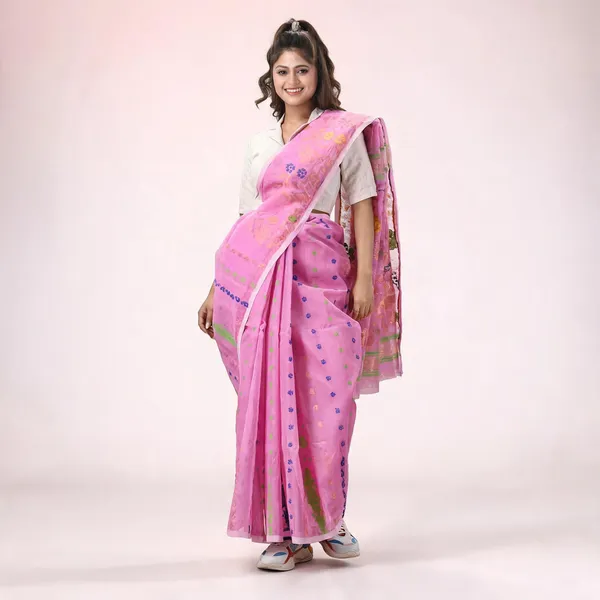 Pink_Cotton_Silk_Jamdani_Floral_Saree_For_Women