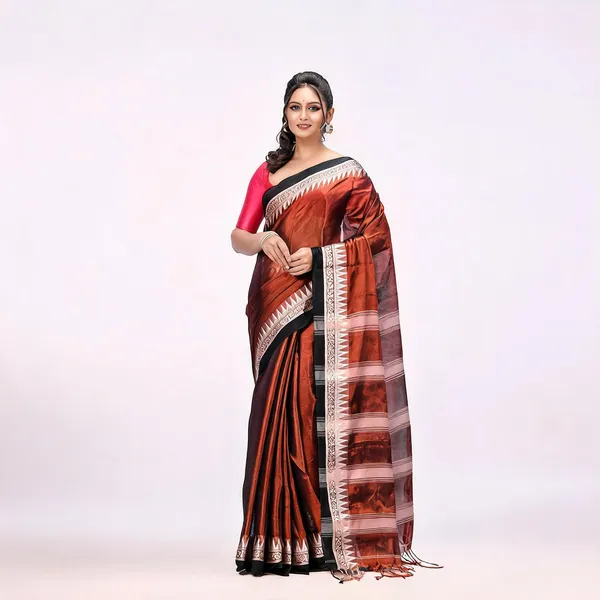 Brown_White_Cotton_Blend_Temple_Tissue_Saree_For_Women