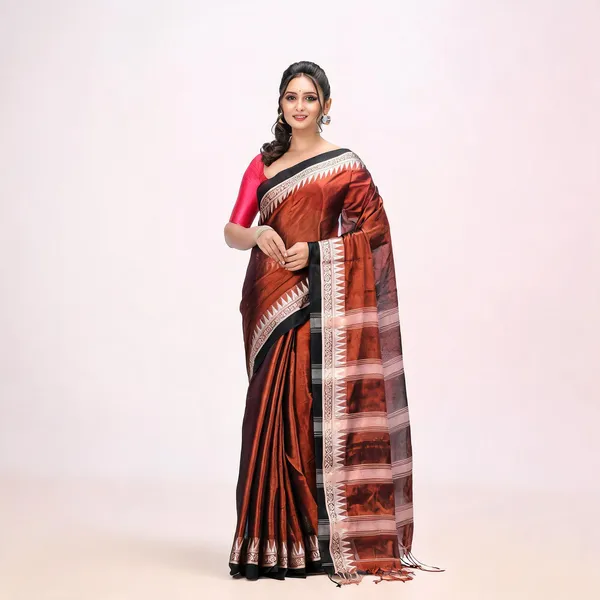 Brown_White_Cotton_Blend_Temple_Tissue_Saree_For_Women