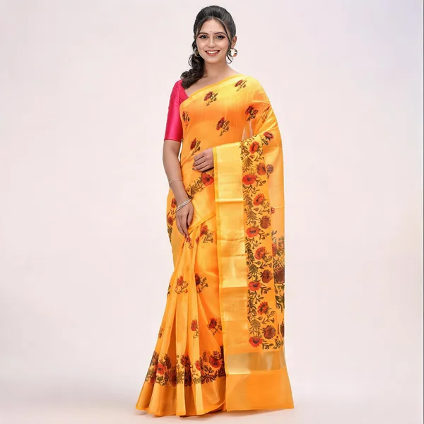 Yellow_Cotton_Silk_Traditional_Tant_Saree_With_Blouse_Piece_For_Women