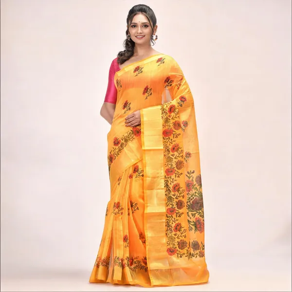 Yellow_Cotton_Silk_Traditional_Tant_Saree_With_Blouse_Piece_For_Women