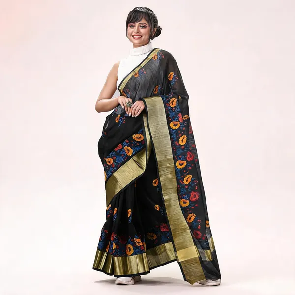 Black_Cotton_Silk_Traditional_Saree_With_Blouse_Piece_For_Women