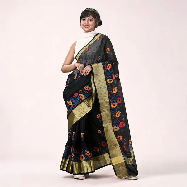 Black_Cotton_Silk_Traditional_Saree_With_Blouse_Piece_For_Women