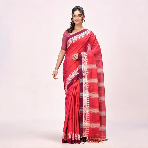 Red_White_Tissue_Silk_Solid_Saree_With_Blouse_Piece_For_Women