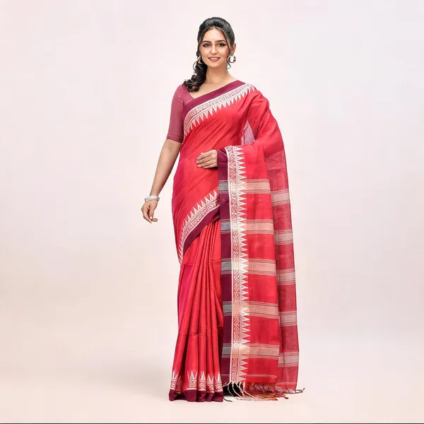 Red_White_Tissue_Silk_Solid_Saree_With_Blouse_Piece_For_Women