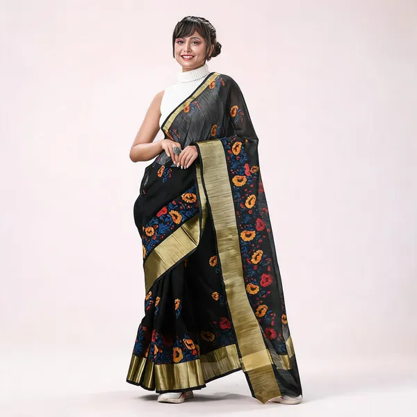 Black_Cotton_Silk_Handloom_Floral_Saree_For_Women