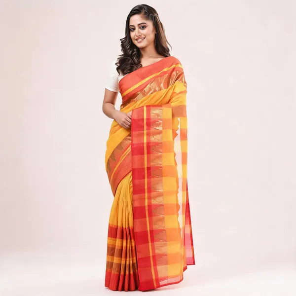 Red_Yellow_Cotton_Handloom_Floral_Tant_Saree_For_Women