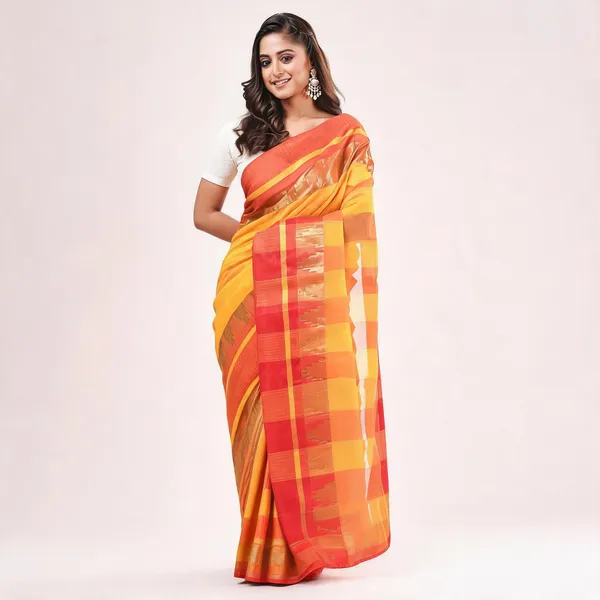 Red_Yellow_Cotton_Handloom_Floral_Tant_Saree_For_Women