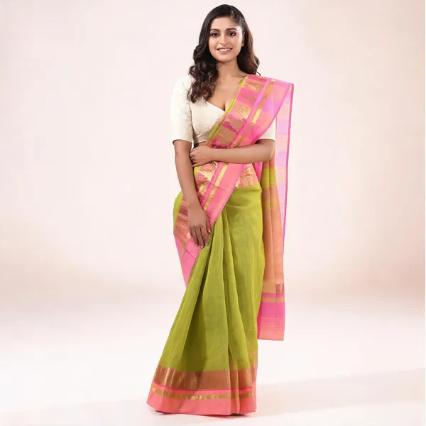 Green_Pink_Cotton_Handloom_Tant_Floral_Saree_For_Women