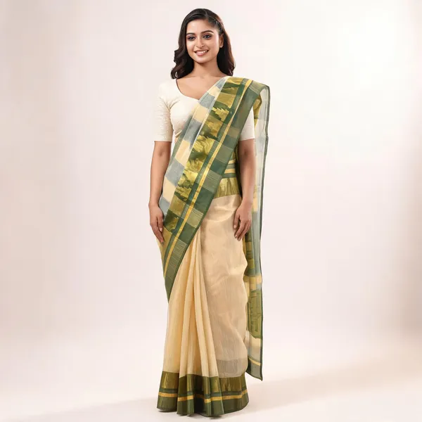 Off_White_Green_Cotton_Handloom_Floral_Tant_Saree_For_Women