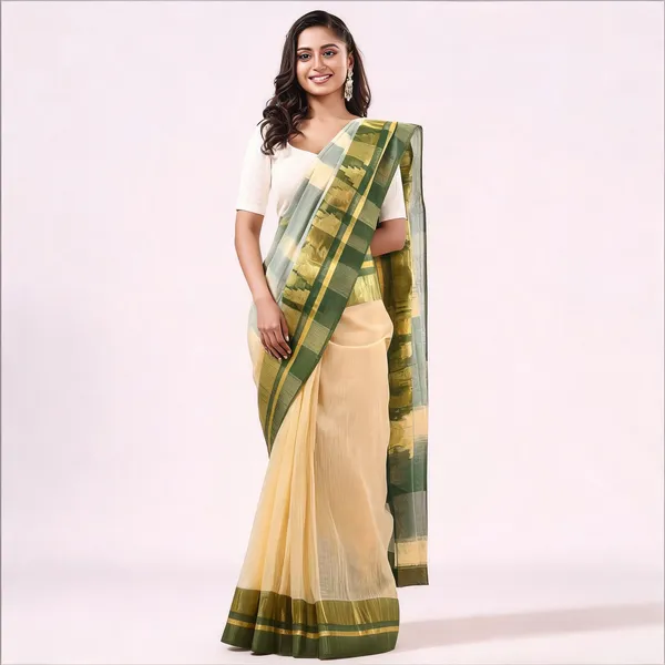 Off_White_Green_Cotton_Handloom_Floral_Tant_Saree_For_Women