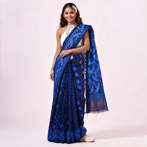 Blue_Cotton_Silk_Handloom_Jamdani_Saree_For_Women