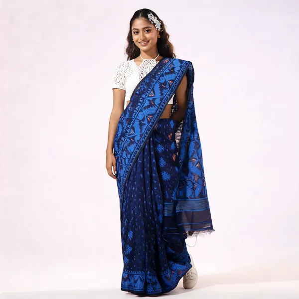 Blue_Cotton_Silk_Handloom_Jamdani_Saree_For_Women