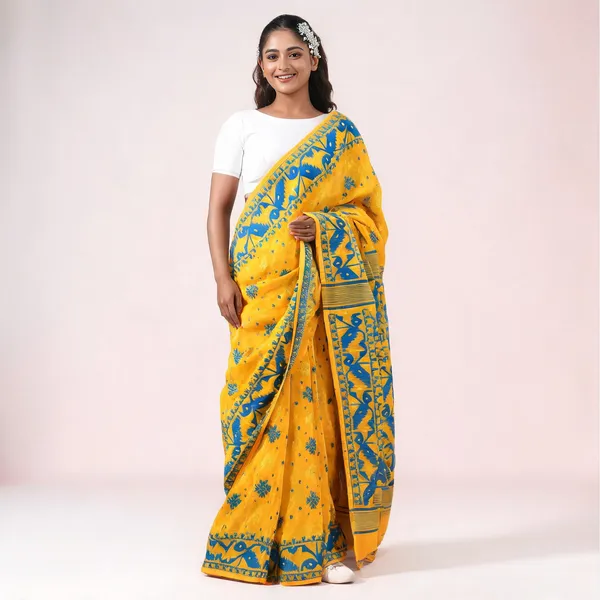 Yellow_Cotton_Silk_Handloom_Jamdani_Saree_For_Women