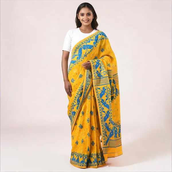 Yellow_Cotton_Silk_Handloom_Jamdani_Saree_For_Women