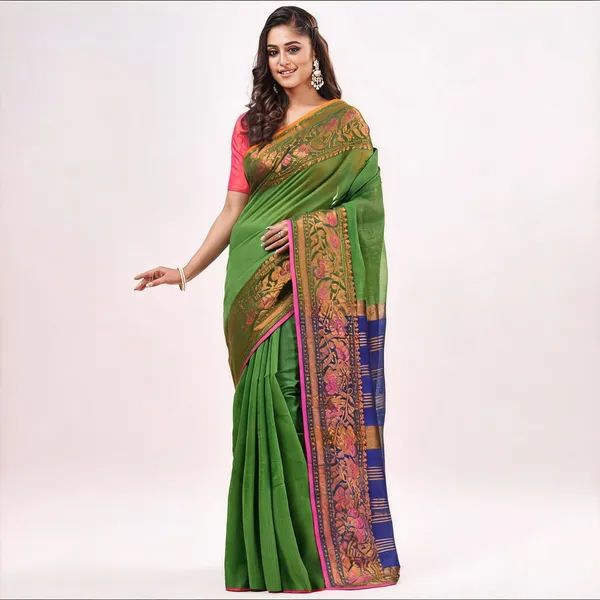 Blue_Green_Cotton_Blend_Handloom_Floral_Saree_With_Blouse_Piece_For_Women