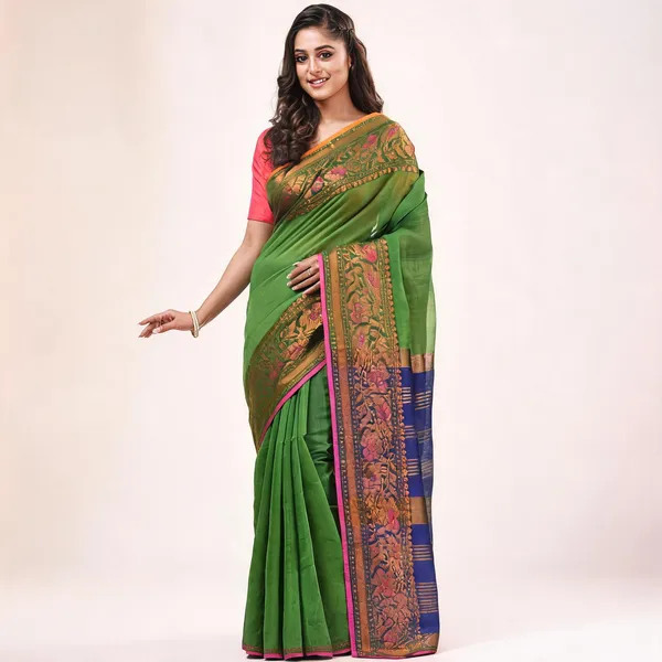 Blue_Green_Cotton_Blend_Handloom_Floral_Saree_With_Blouse_Piece_For_Women