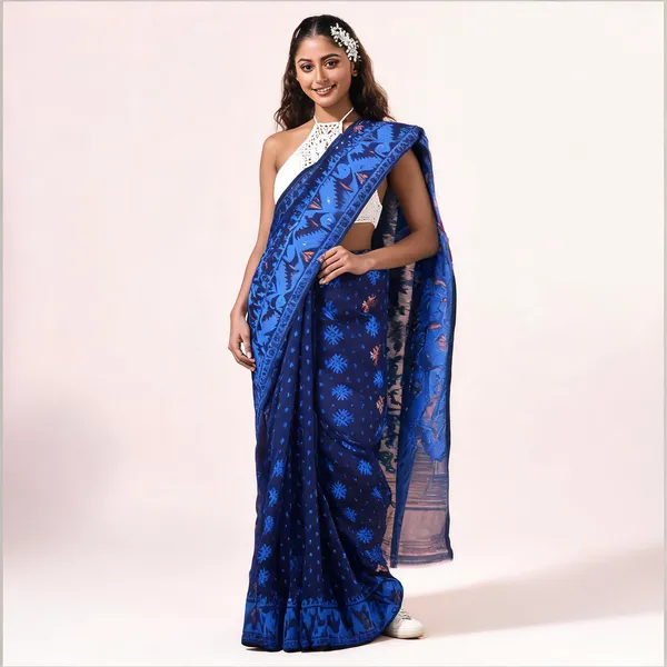Blue_Cotton_Silk_Handloom_Dhakai_Jamdani_Saree_For_Women